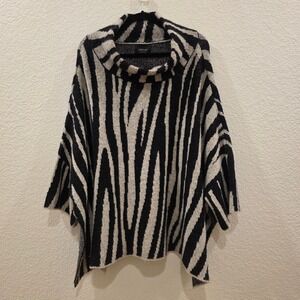 Zara Knit Womens Zebra Print Oversized Poncho Sweater Black White Wool Blend M